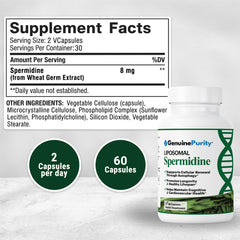 GenuinePurity liposomal spermidine capsules close-up for clean daily use with vegan, non-GMO formula.