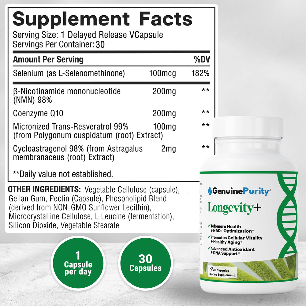 Close up of GenuinePurity Longevity+ capsules highlighting NMN for cellular energy.