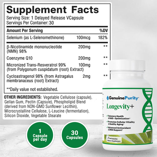Close up of GenuinePurity Longevity+ capsules highlighting NMN for cellular energy.