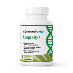 GenuinePurity Longevity+ bottle with capsules promoting daily vitality in vegan formula.