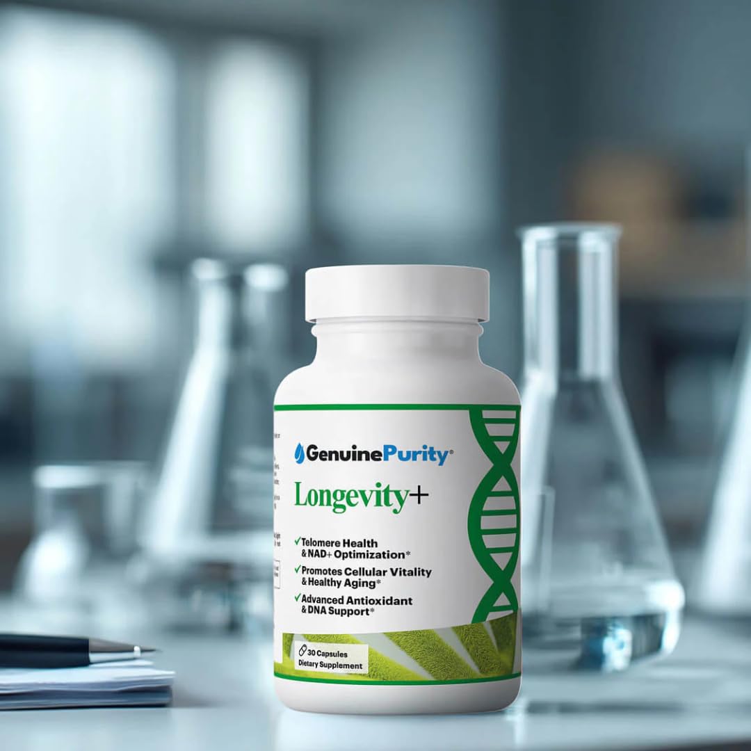 GenuinePurity Longevity+ capsules with clean label, emphasizing vegan and gluten free formulation.