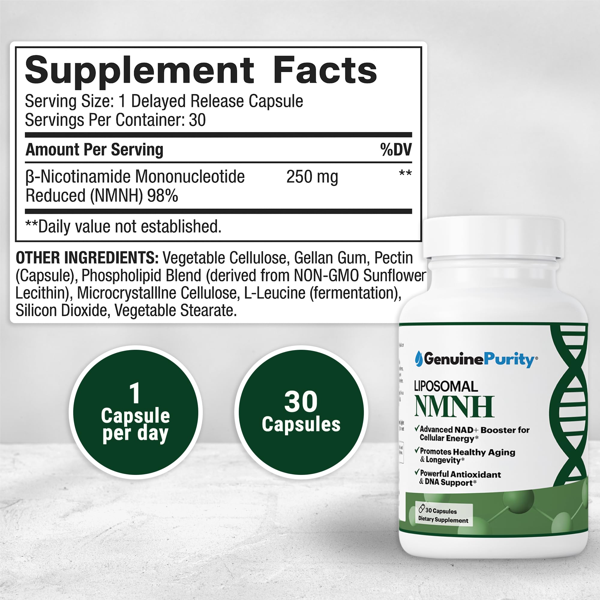GenuinePurity NMNH capsule dispensing shows smooth, easy-to-swallow capsules for daily use