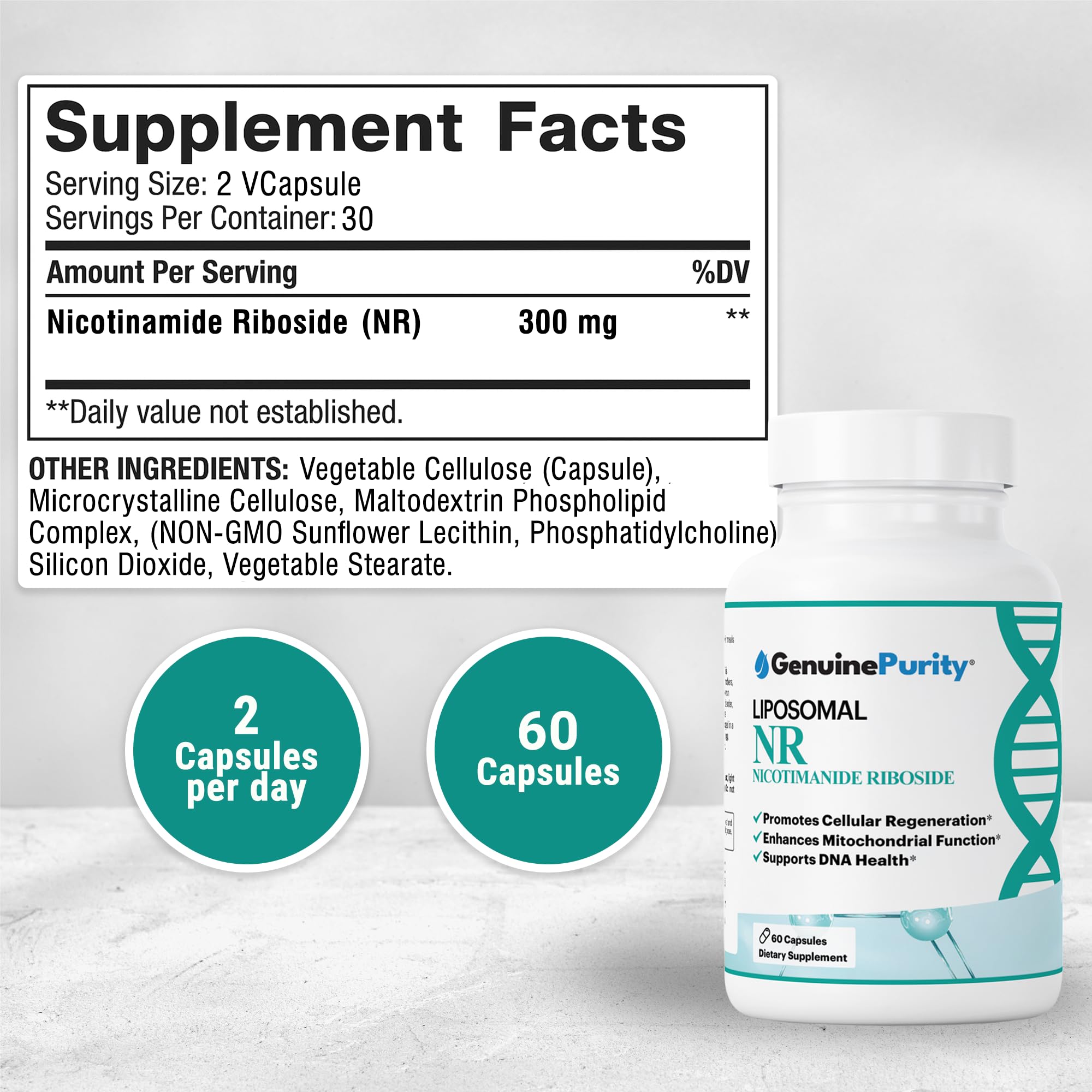 GenuinePurity NR capsules close-up showing easy-to-swallow vegan capsules