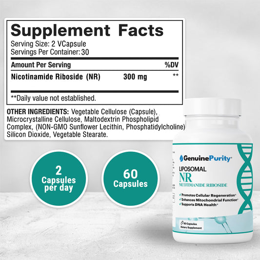 GenuinePurity NR capsules close-up showing easy-to-swallow vegan capsules