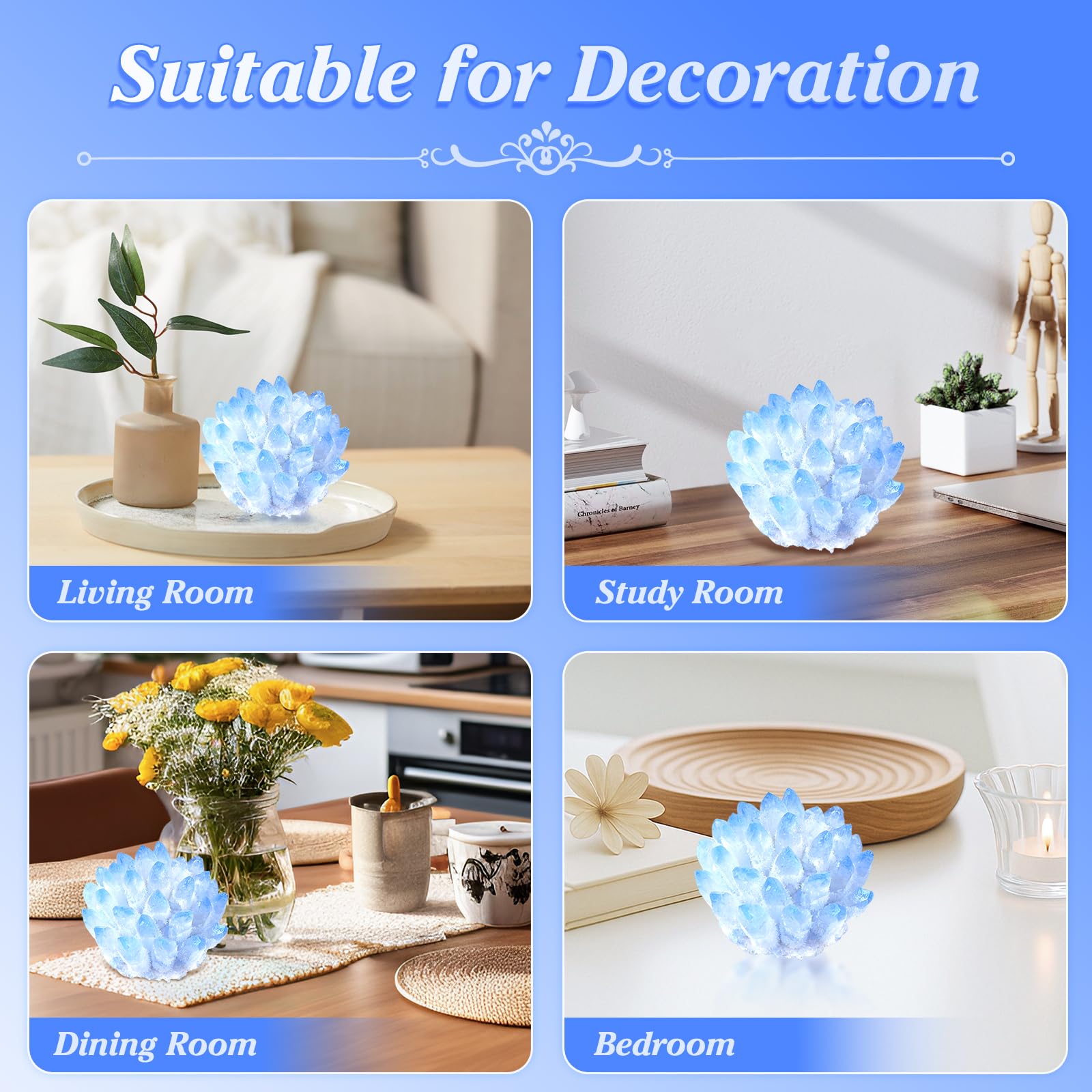 Geodora crystal cluster decor adds serene style to bedrooms.