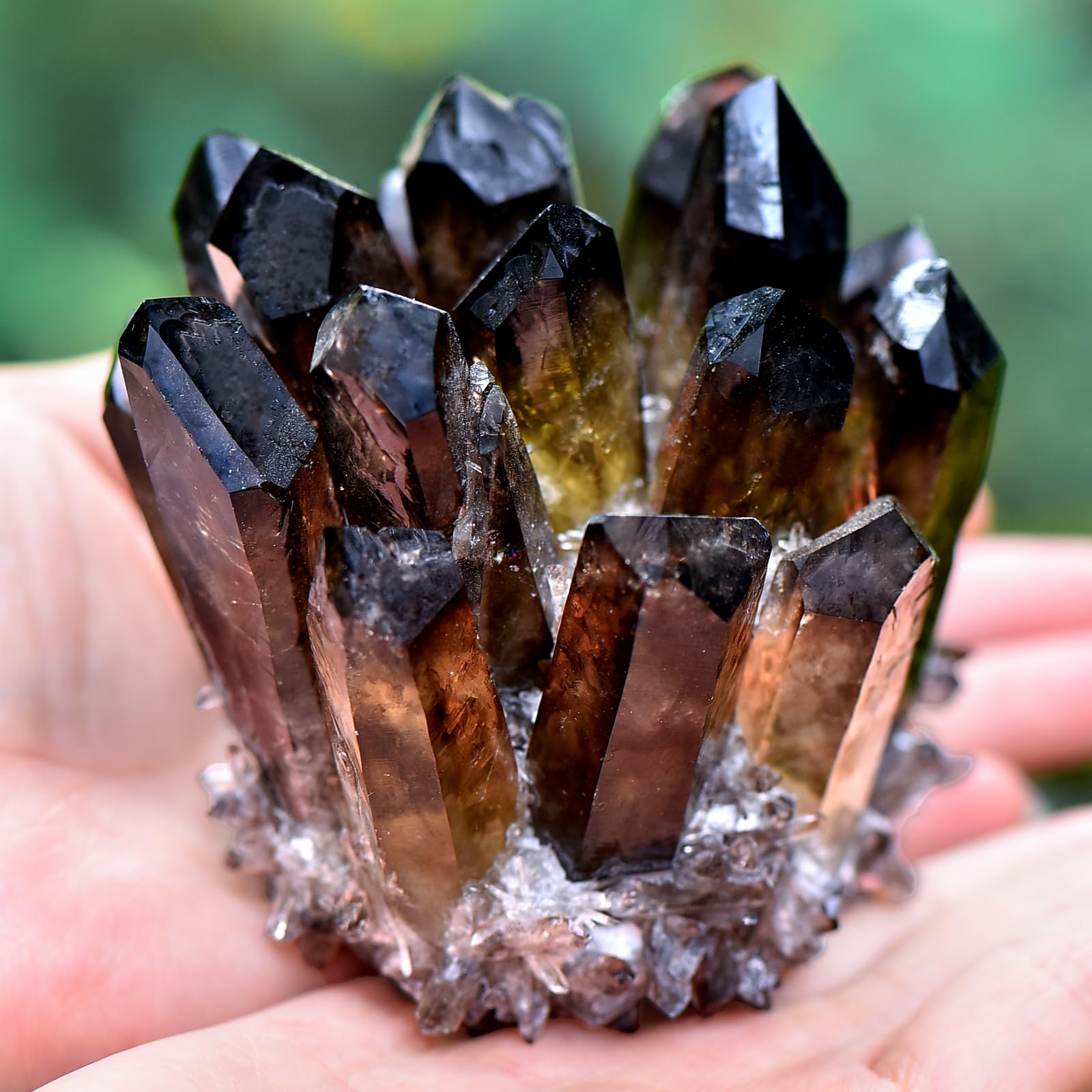 Geodora natural crystal cluster tea crystal prism adds warm color on shelves.