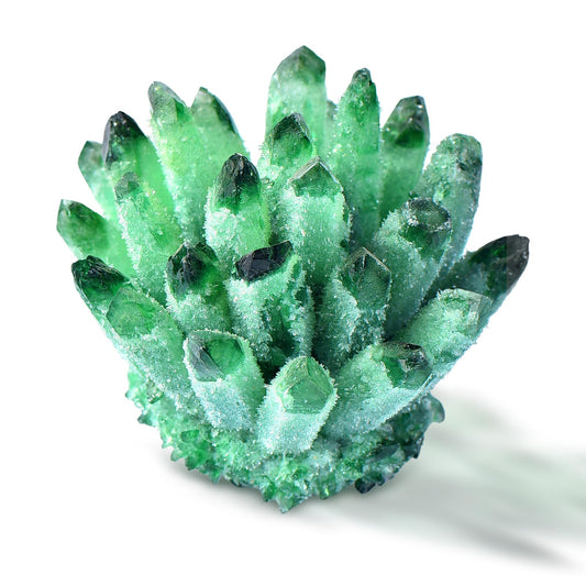 Geodora natural crystal cluster with green hues for vibrant shelf decor.