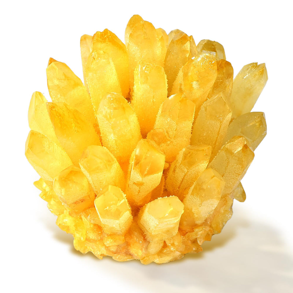 Geodora natural crystal cluster yellow hue closeup for tranquil ambiance