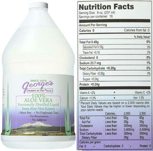 Close-up of George's label emphasizes 100% aloe and bitterness-free formula.