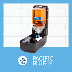 Georgia-Pacific Pacific Blue Ultra bottle beside compatible wall-mounted dispenser for easy use.