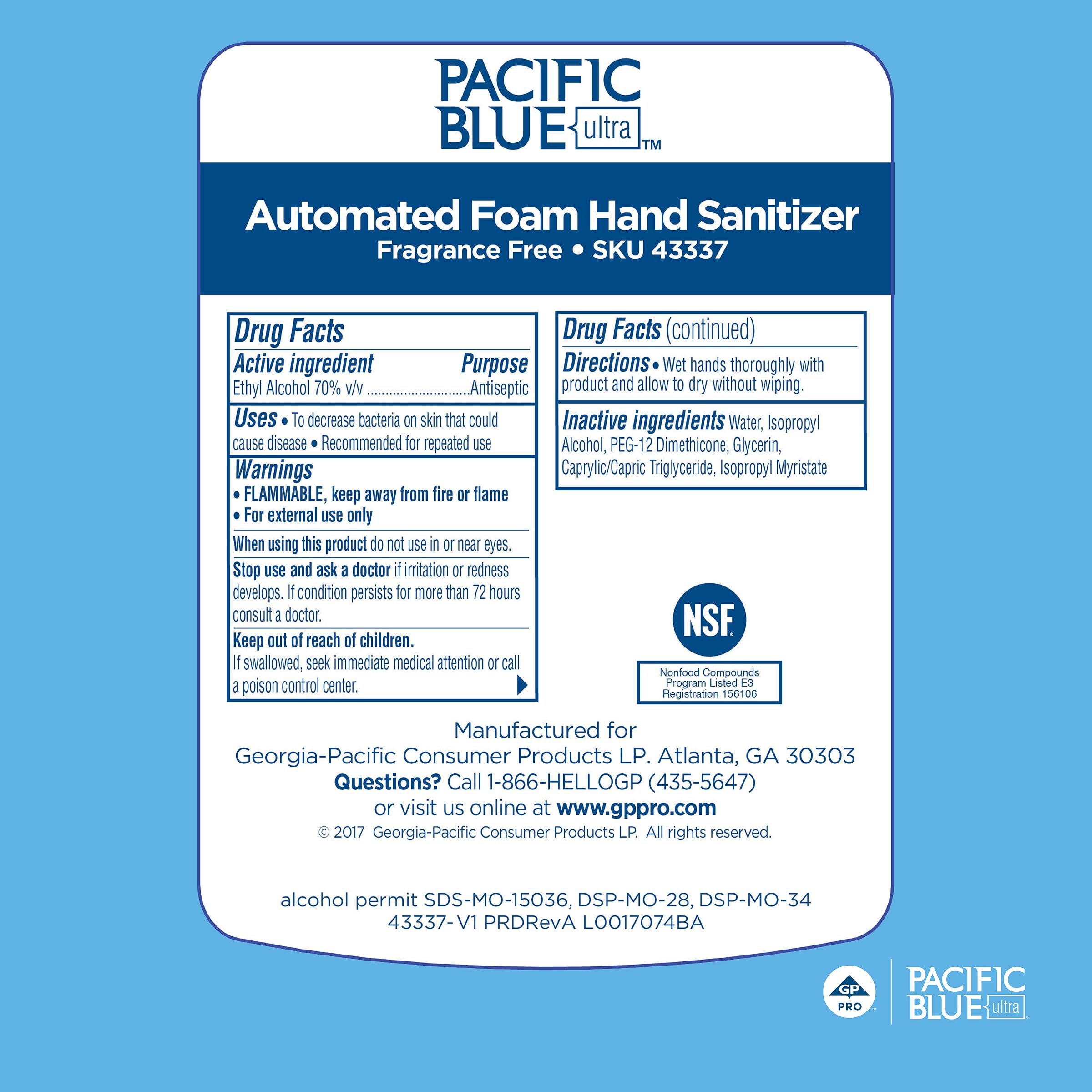 NSF E3 listed label on Pacific Blue Ultra refill products for regulated environments.