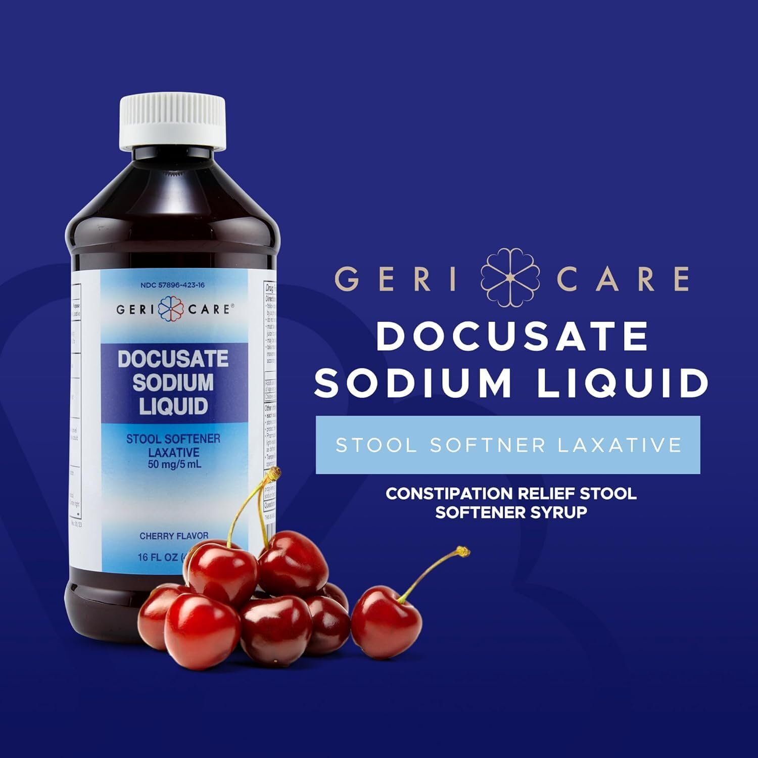 GeriCare cherry-flavored measuring spoon showing easy daily dosing.