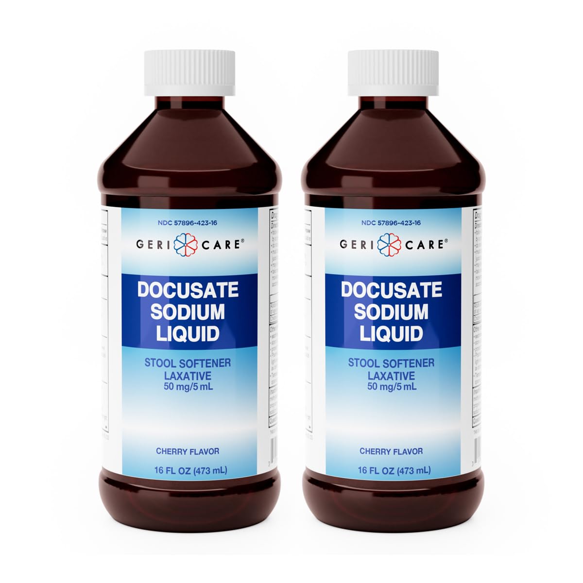 GeriCare Docusate liquid bottle being poured for gentle, everyday relief.