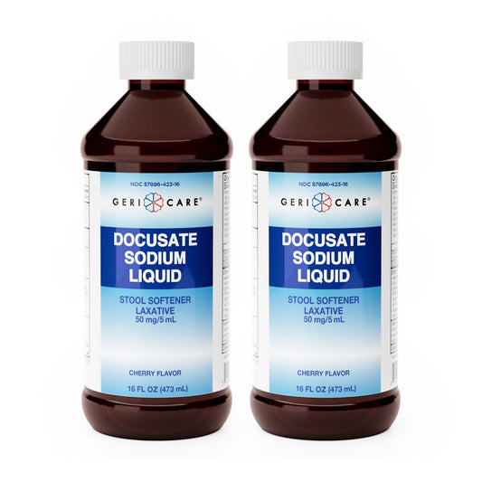 GeriCare Docusate liquid bottle being poured for gentle, everyday relief.