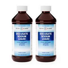 GeriCare Docusate liquid bottle being poured for gentle, everyday relief.