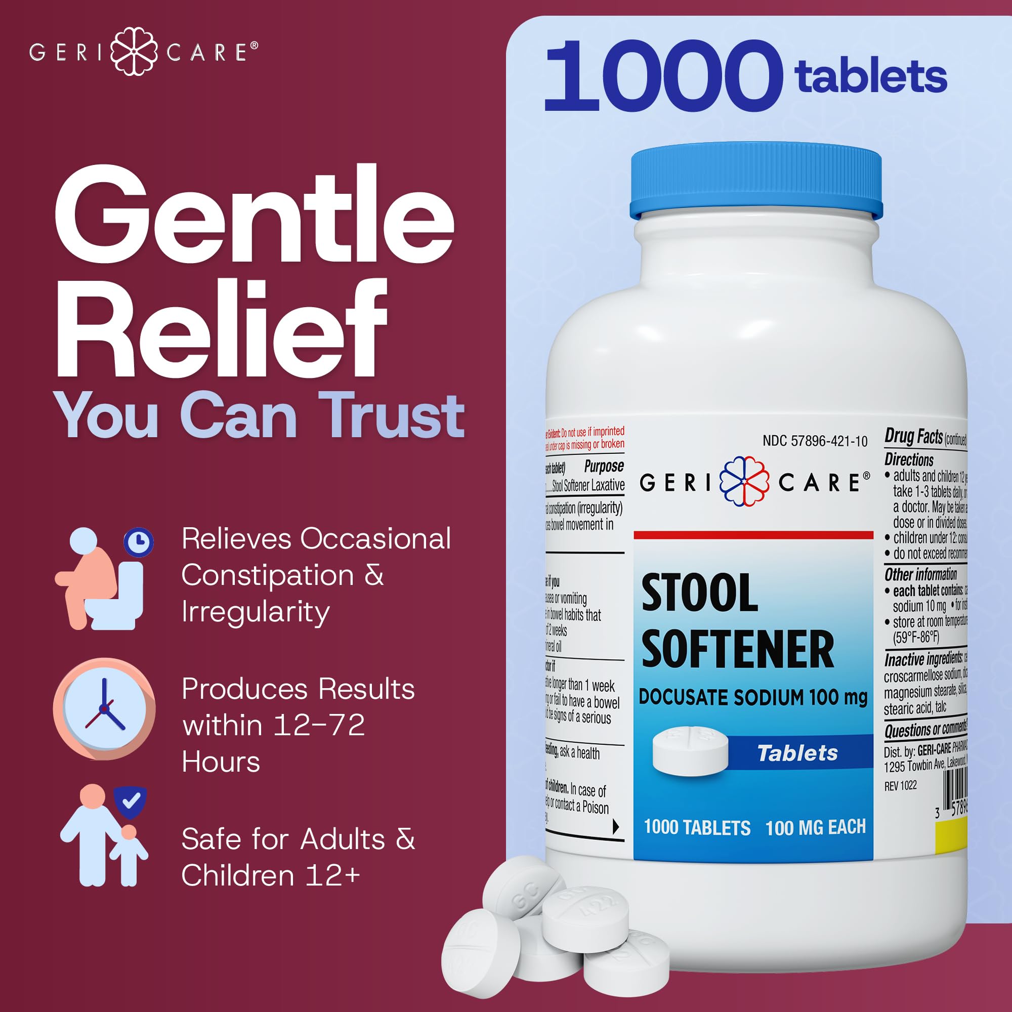 GeriCare Docusate Sodium tablets pour image showing 100mg dose for quick relief.