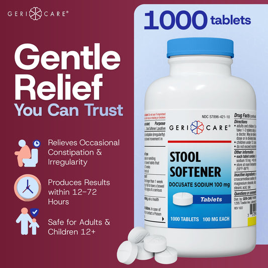 GeriCare Docusate Sodium tablets pour image showing 100mg dose for quick relief.