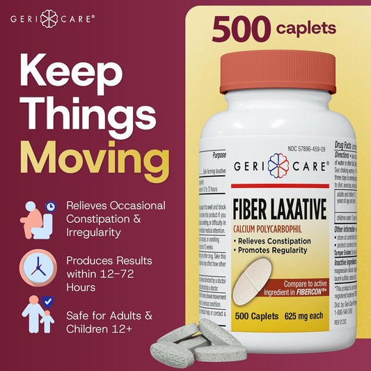 GeriCare Fiber Laxative bottle side angle shows caplets for easy daily use