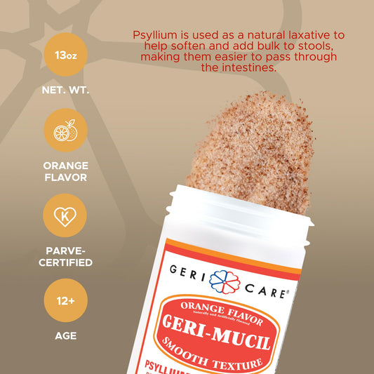GeriCare Geri-Mucil measuring scoop with orange powder for easy daily intake.