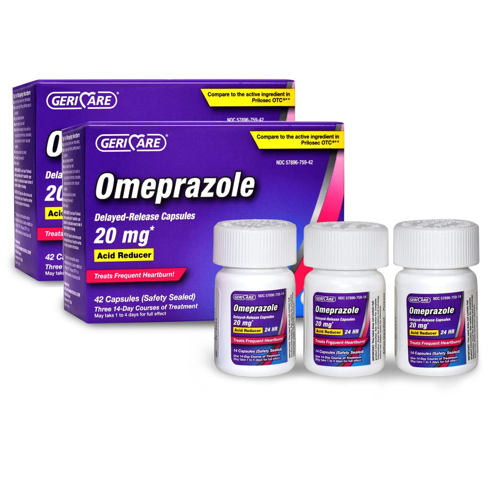 GeriCare packaging for daily heartburn management with Omeprazole capsules.