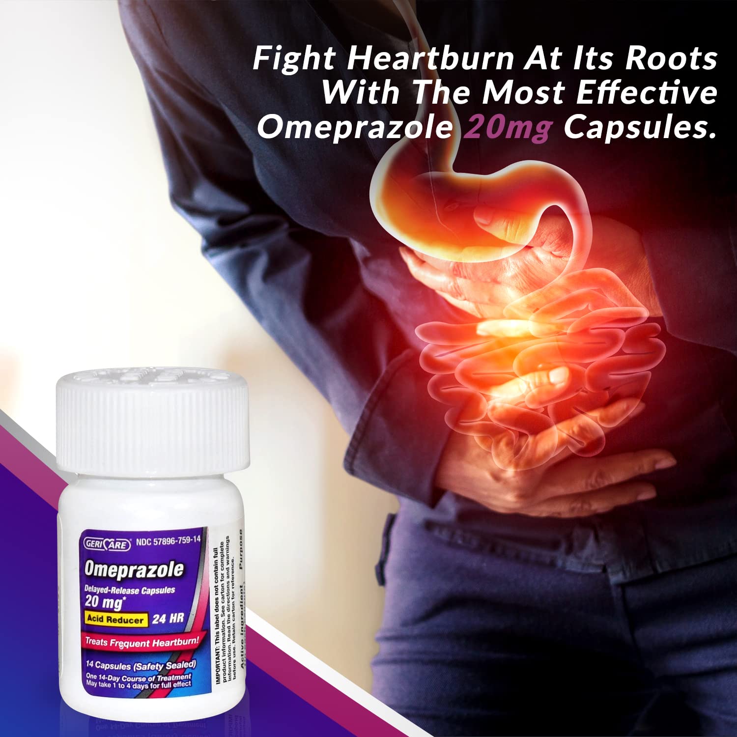 GeriCare Omeprazole delayed-release capsules shown as 20.6 mg tablets.