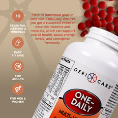 GeriCare One-Daily bottle on a desk with morning routine setup