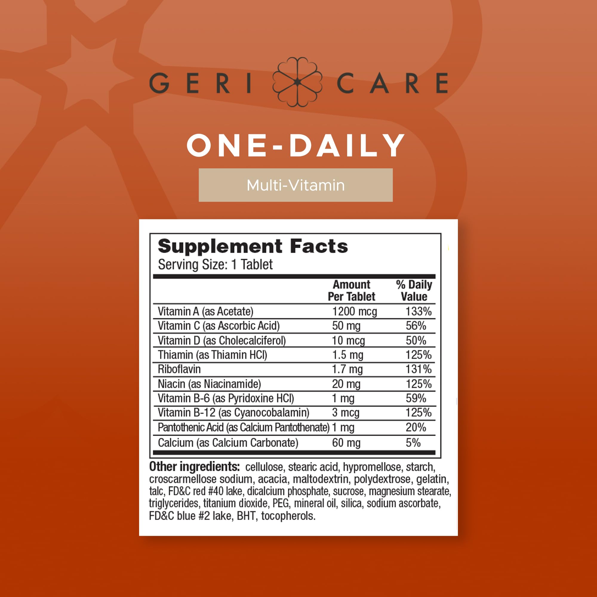 GeriCare One-Daily bottle nutrition label highlights essential vitamins for daily energy