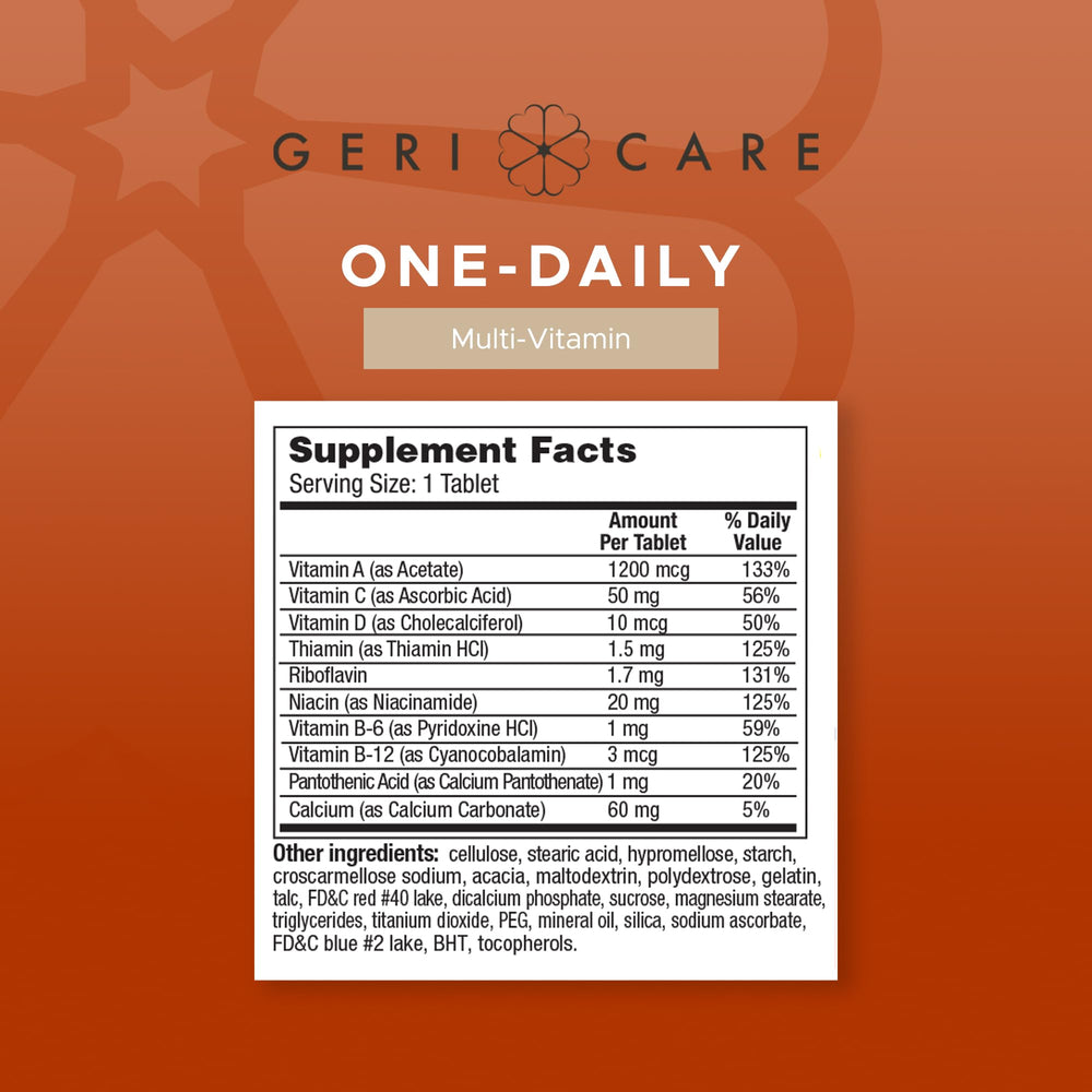 GeriCare One-Daily bottle nutrition label highlights essential vitamins for daily energy