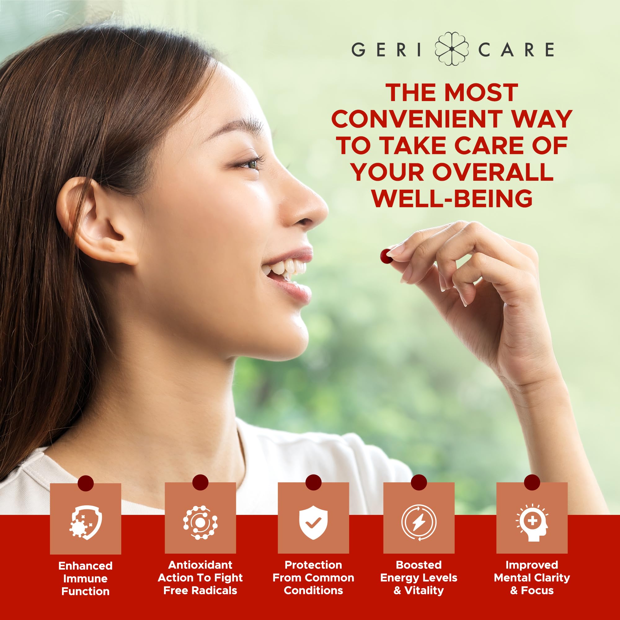 GeriCare One-Daily bottle shows gluten-free badge for dietary sensitivity