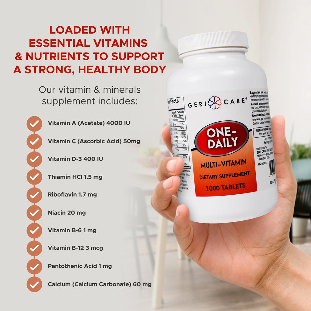 GeriCare One-Daily bottle label overview of minerals and vitamins