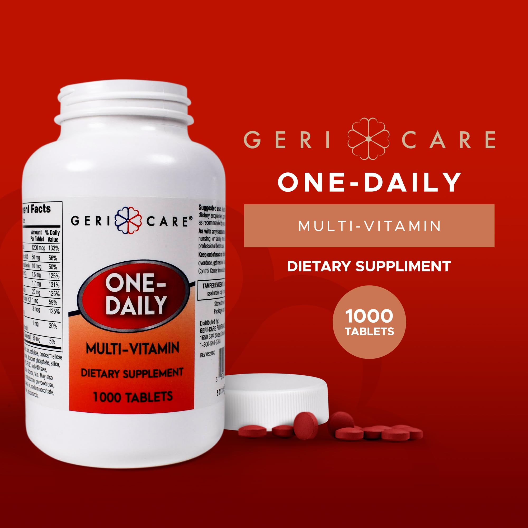 Close-up of GeriCare One-Daily tablets, easy-to-swallow daily supplement