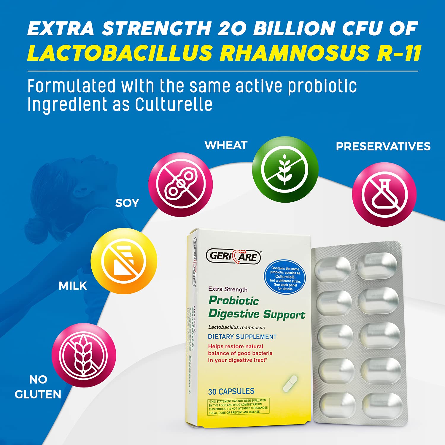 GeriCare Probiotic Digestive Support bottle label close-up shows 20B CFU R-11 potency for gut health