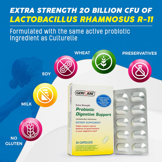 GeriCare Probiotic Digestive Support bottle label close-up shows 20B CFU R-11 potency for gut health
