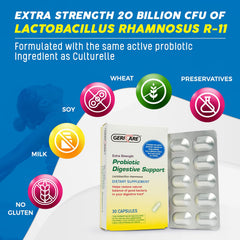 GeriCare Probiotic Digestive Support bottle label close-up shows 20B CFU R-11 potency for gut health