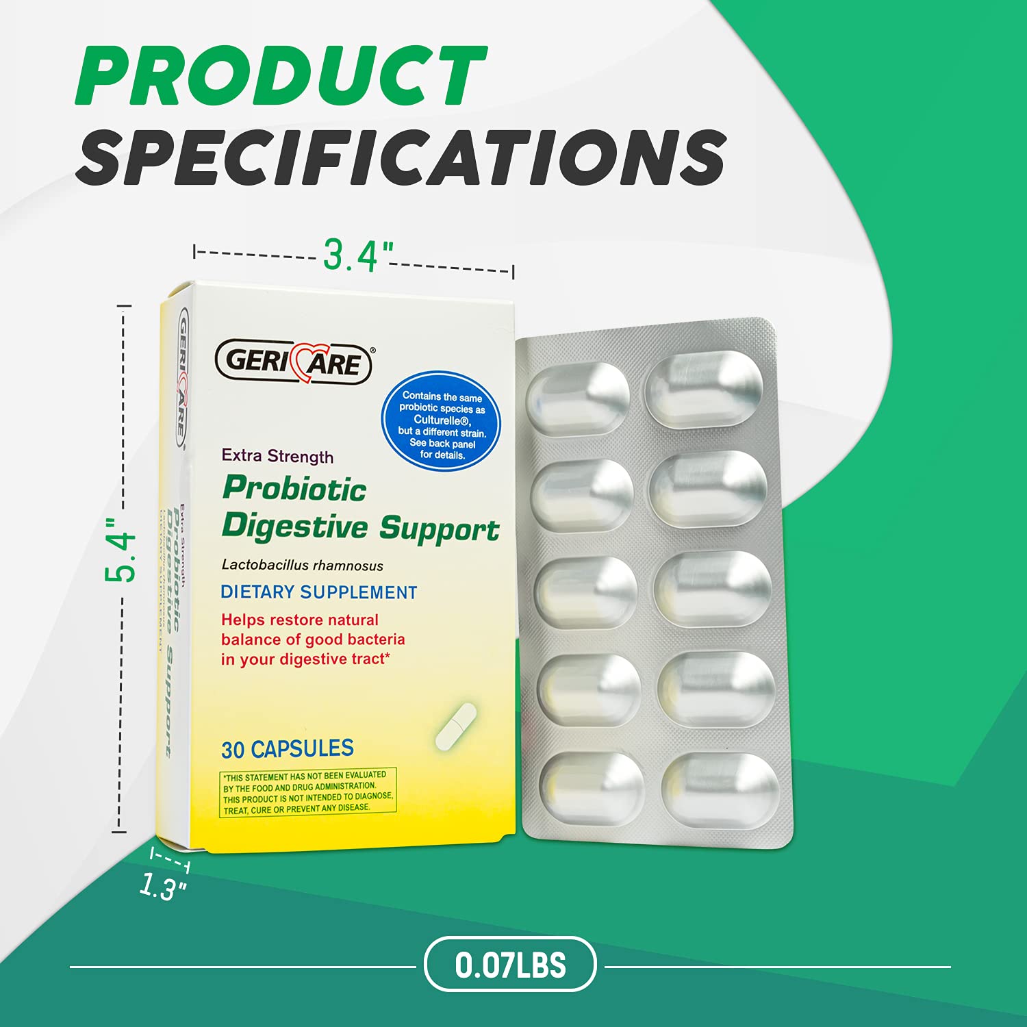 GeriCare Probiotic Digestive Support capsules close-up emphasize easy daily use