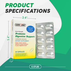 GeriCare Probiotic Digestive Support capsules close-up emphasize easy daily use