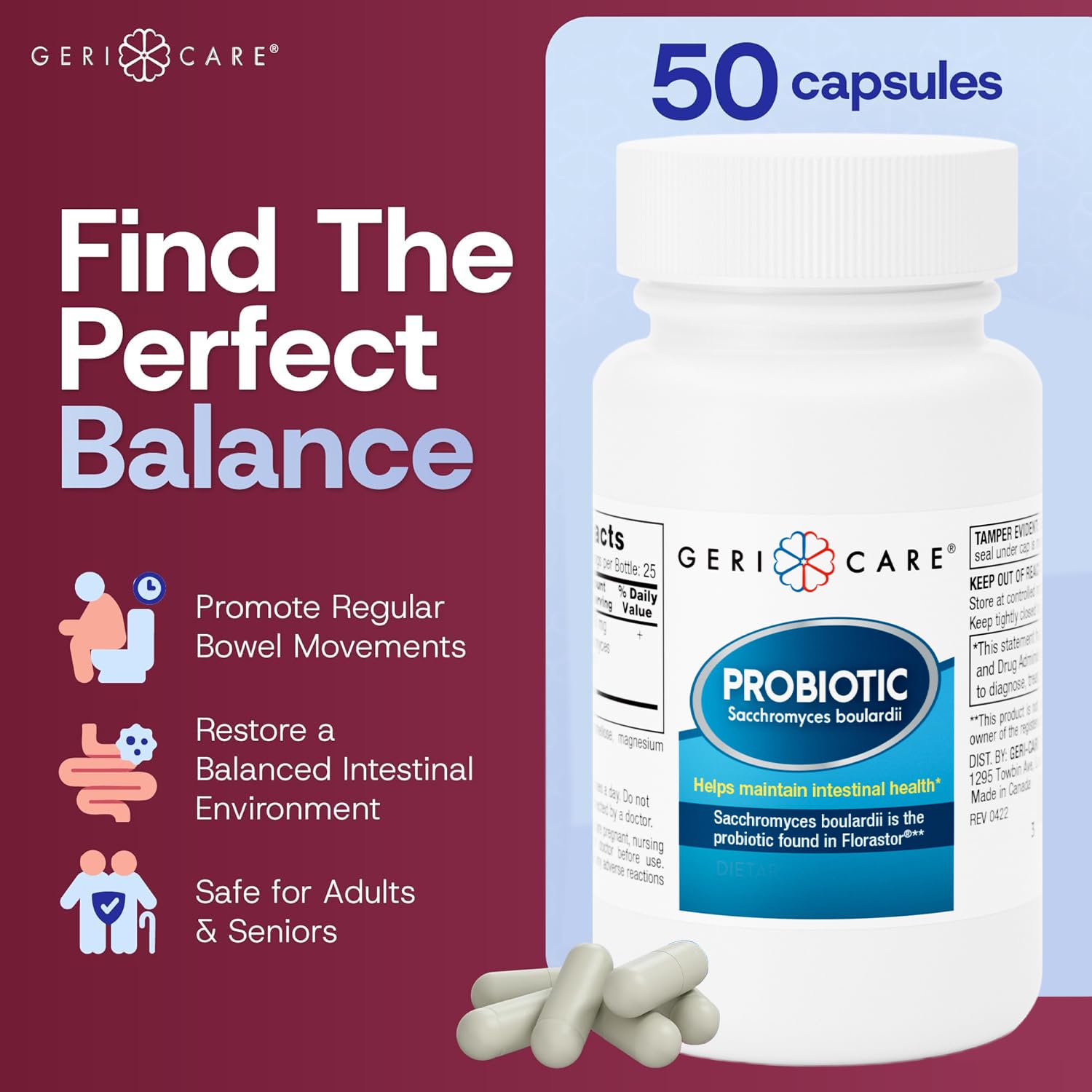 GeriCare S. boulardii bottle back-label explains usage and ingredients for informed choices.