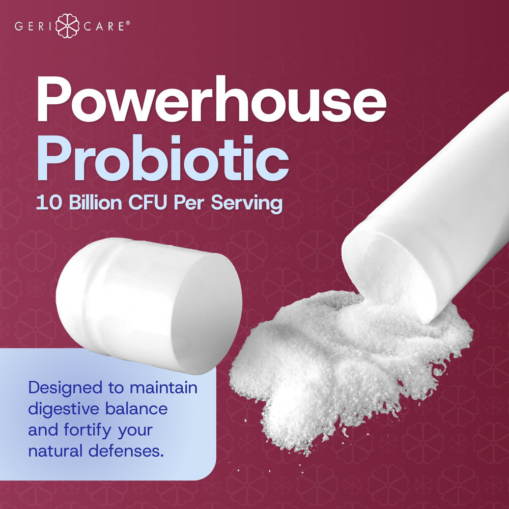 GeriCare S. boulardii bottle pour demonstrates easy, daily intake at home or on the go.