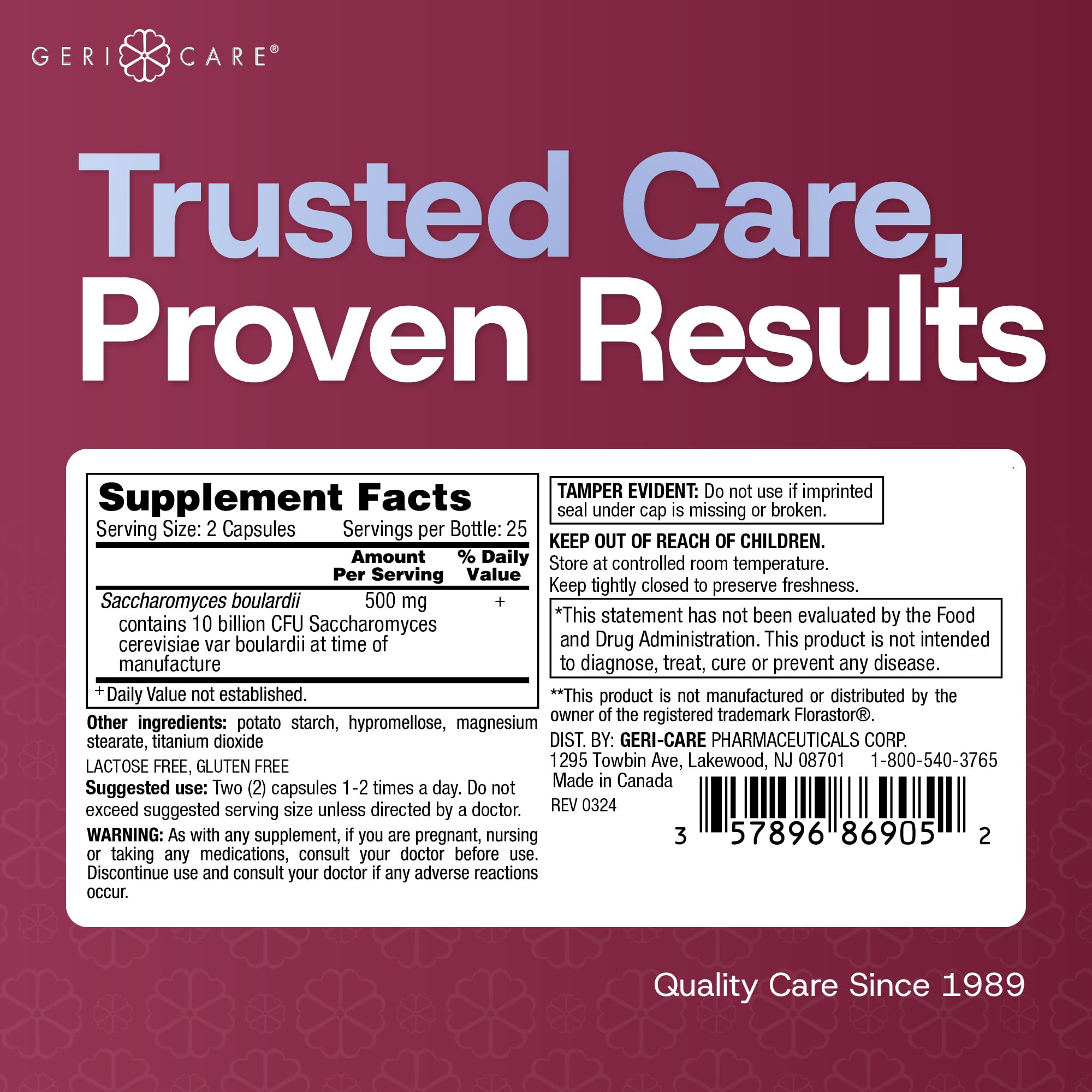 GeriCare S. boulardii packaging detail highlights freshness seal and clear benefits.