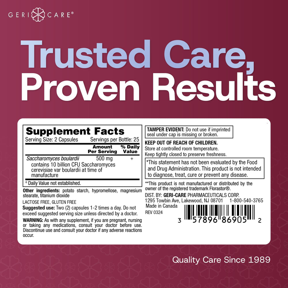 GeriCare S. boulardii packaging detail highlights freshness seal and clear benefits.