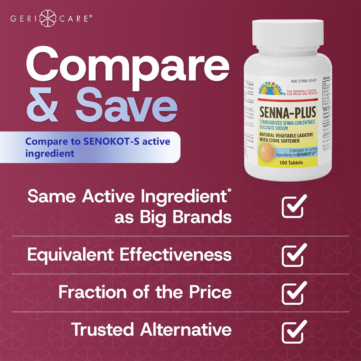 GeriCare Senna Plus dosage panel highlighting simple regimen.