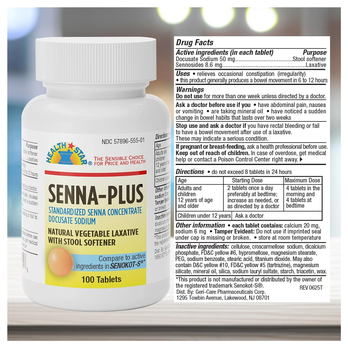 GeriCare Senna Plus pack-front showing convenient short-term relief.
