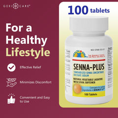Close-up of GeriCare Senna Plus tablets, easy to swallow for adults.