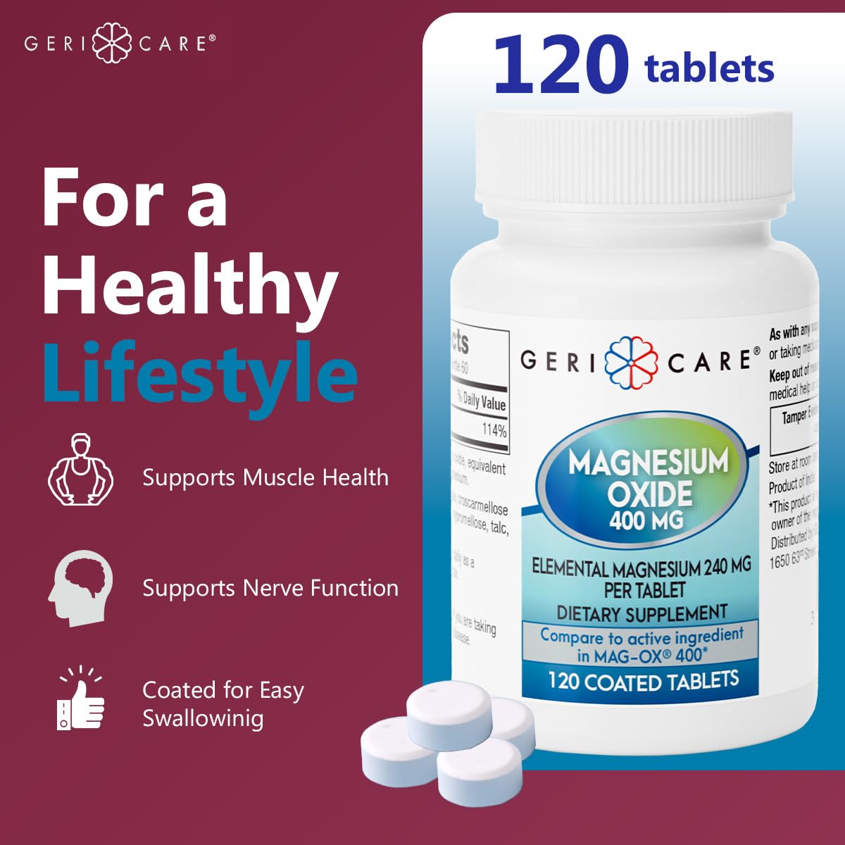 GeriCare magnesium oxide tablet close-up highlighting the coated finish.