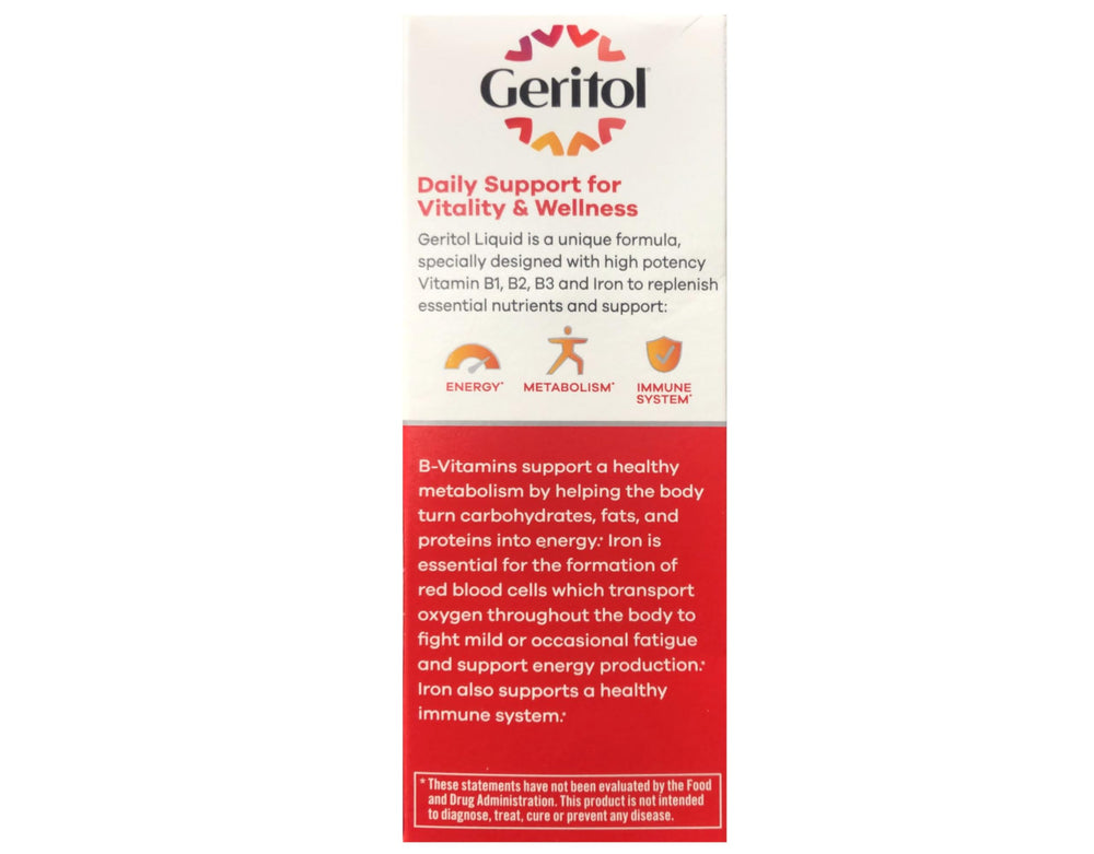 Geritol liquid B-vitamins label highlights B1, B2, B3 and iron.