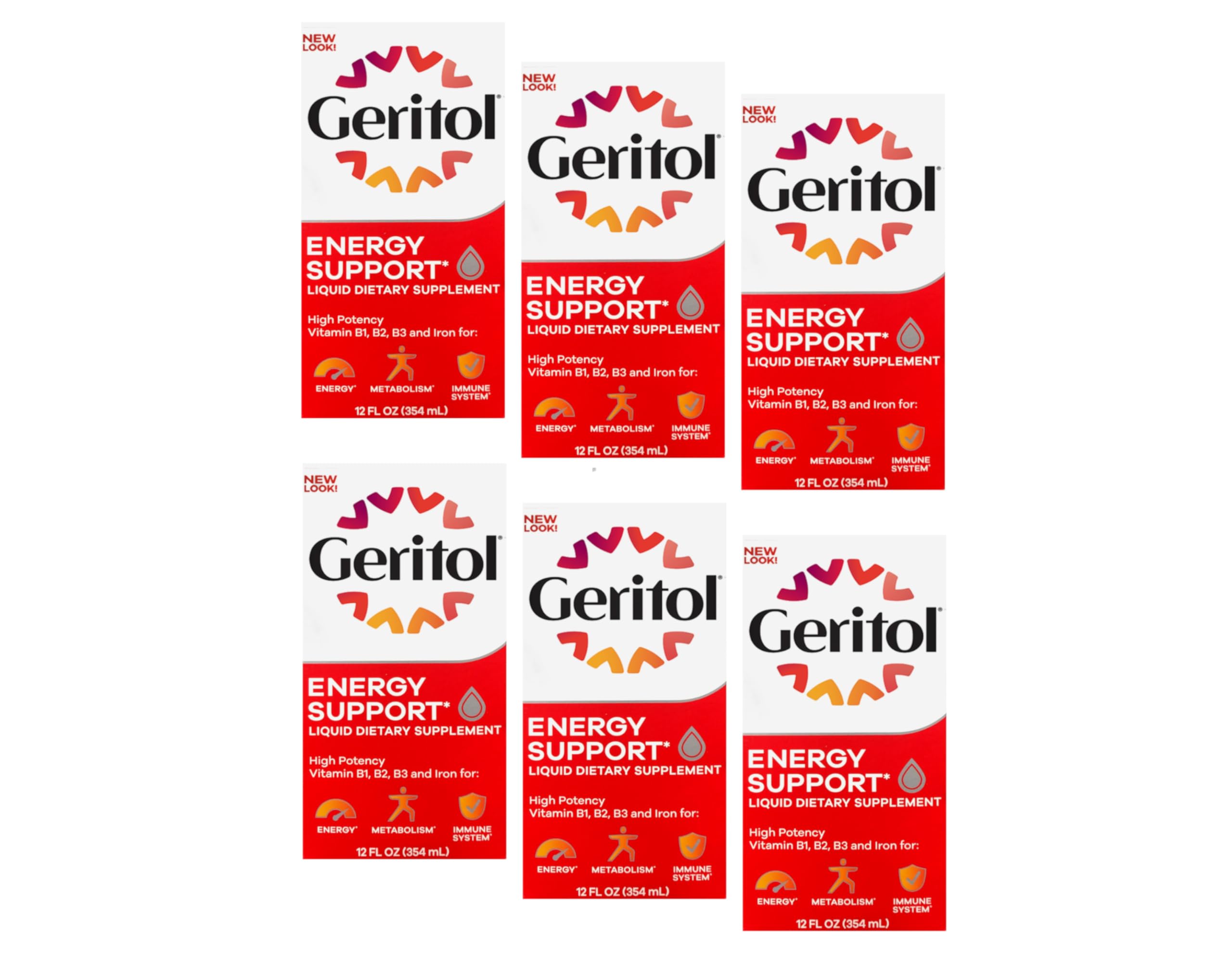 Geritol liquid bottle closeup highlighting vitamins and iron for daily energy support.