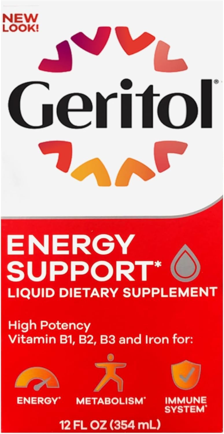 Geritol Liquid bottle front showing packaging for energy support for adults.
