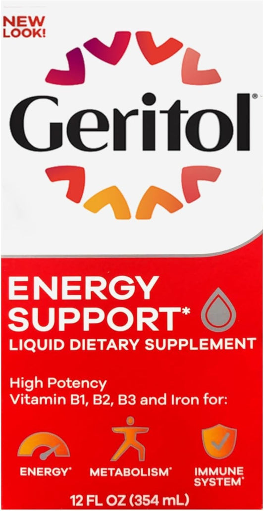 Geritol Liquid bottle front showing packaging for energy support for adults.