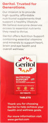 Geritol Liquid bottle label closeup highlights B-vitamins and iron content.