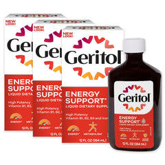 Geritol liquid bottle with label highlights energy support and essential vitamins.